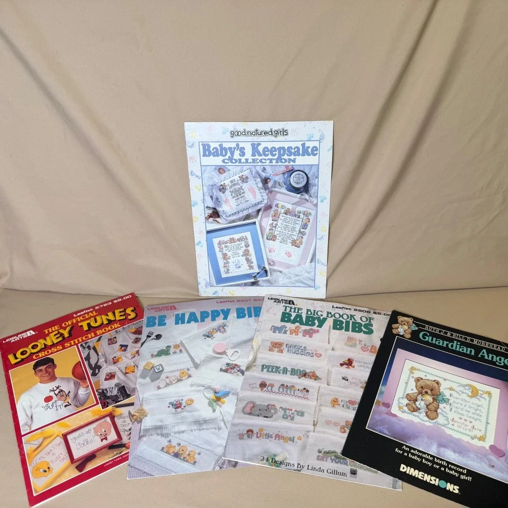 Vintage 90s Cross Stitch Book Lot Looney Tunes Baby Bibs Keepsake Leisure Arts
